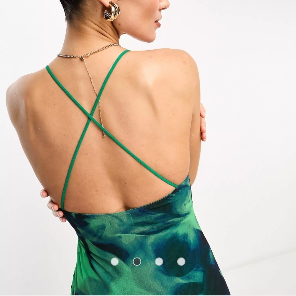 ASOS DESIGN mesh cami maxi dress with cross back in green floral - Picture 3 of 5